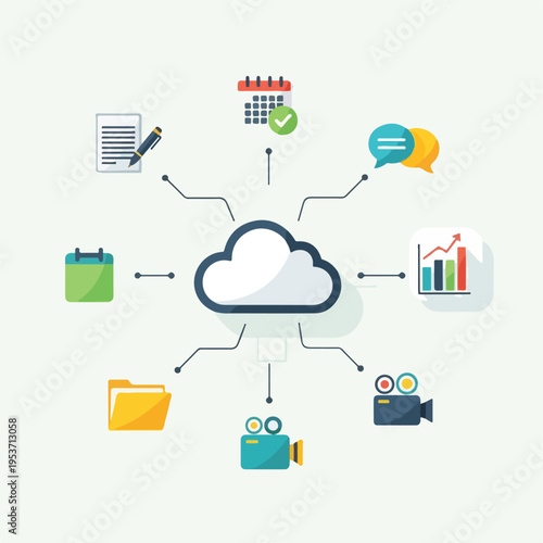 A vector illustration depicting cloud computing and data sharing