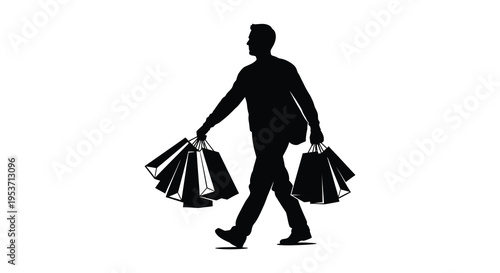 A man walks with multiple shopping bags depicted in a striking black silhouette high quality professional detailed modern elegant stylish clean