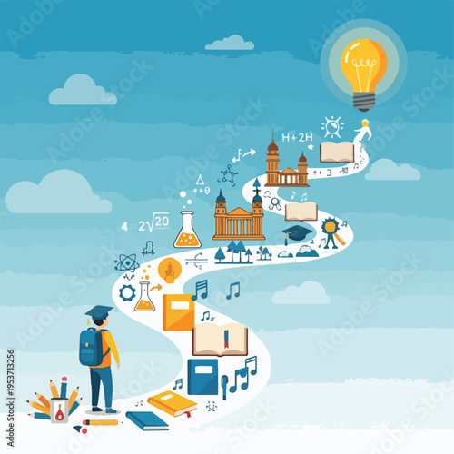 A student's path to knowledge and enlightenment with various symbols