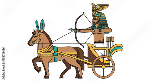An ancient egyptian pharaoh rides a chariot with a bow depicted in a colorful flat silhouette high quality professional detailed modern