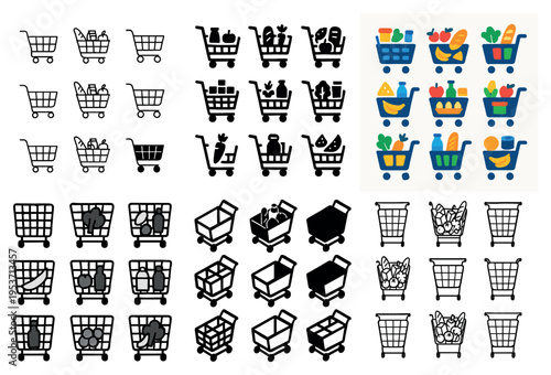 Shopping icons with cart basket groceries flat