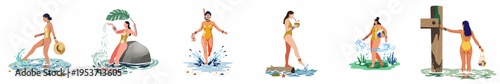 Set of flat illustrations featuring women in stylish swimwear enjoying diverse summer activities at the beach, including swimming, snorkeling, and relaxing.