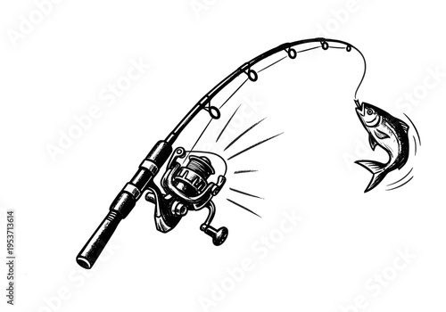 Fishing rod and reel with a jumping fish caught on the line, black and white illustration