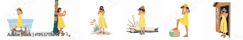 Set of illustrations showing a woman in a yellow dress taking photos in different beach and coastal settings during a summer vacation.