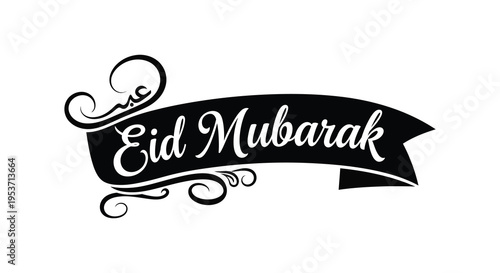 An elegant black ribbon displays the arabic phrase eid mubarak in ornate calligraphy a striking silhouette high quality professional detailed modern