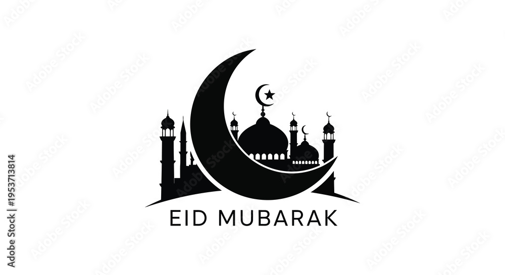 Fototapeta premium A striking black graphic depicts a crescent moon mosque and minarets with eid mubarak text silhouette high quality professional detailed
