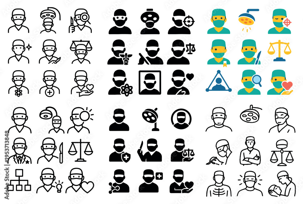 Fototapeta premium Medical people icons with surgeon doctor nurse outline