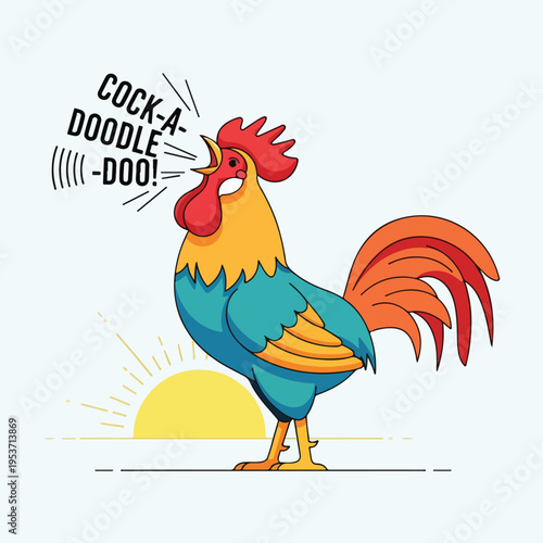 A rooster illustration crowing with the sun rising in the background