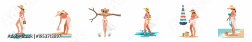 Set of flat vector illustrations of a woman in a bikini and straw hat enjoying various beach activities during a summer vacation.