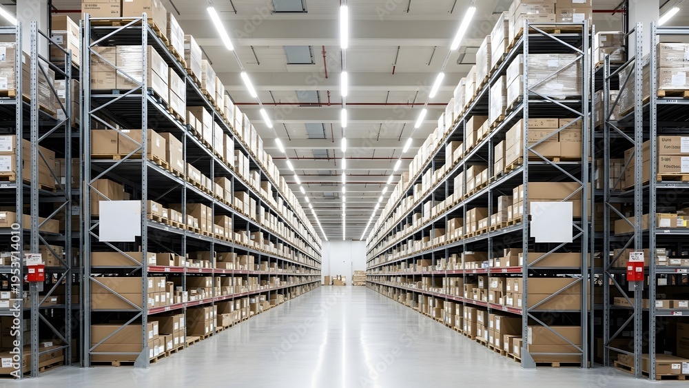Fototapeta premium Long warehouse aisle with stacked cartons on industrial racks