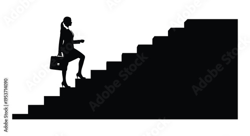 A businesswoman ascends a staircase representing career progression and ambition depicted in a striking silhouette high quality professional detailed modern elegant