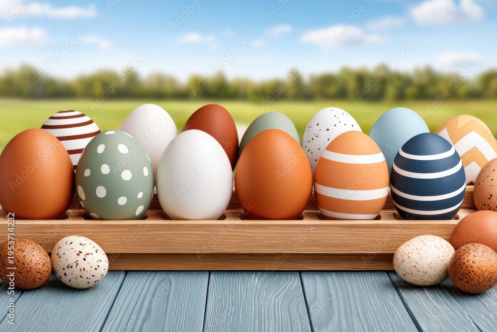 Naklejka premium Colorful Easter eggs arranged on a wooden tray on a blue outdoor table with spring field