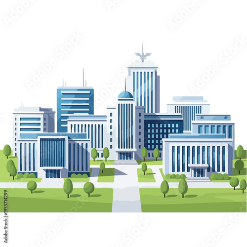 A stylized cityscape illustration with buildings, trees, and greenery
