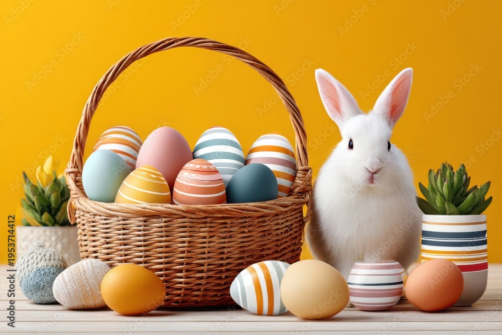 Fototapeta premium Easter bunny beside a wicker basket of colorful decorated eggs on a bright yellow background