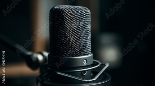 Close view of microphone on stand showing detail in a studio setting for audio recording