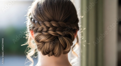 Hairstyle featuring a complex braided updo provides a sophisticated and elegant aesthetic suitable for formal events such as weddings, galas, or professional ceremonies where style is paramount.