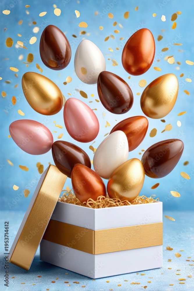 Obraz premium Easter gift box with flying golden and pink chocolate eggs and confetti celebration