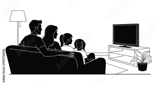 A family sits together on a couch watching television in a modern living room silhouette high quality professional detailed elegant stylish