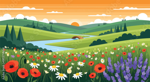 A scenic, pixelated landscape depicts a valley with river, bridge, flowers, and sunset