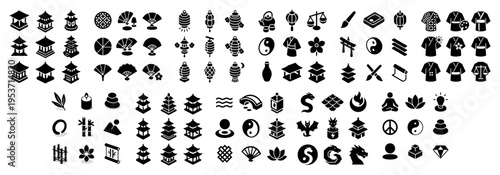 Zen icons with pagoda and fan minimalist