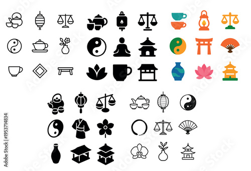 Asian icons with teacup yin temple minimal colorful