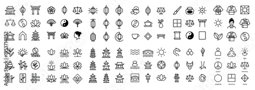 Zen icons with pagoda lotus torii outline