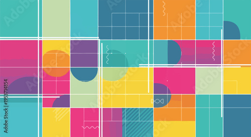 A vibrant abstract composition with colorful geometric shapes and designs