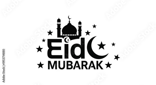A festive eid mubarak graphic features a mosque crescent moon stars and bold lettering in a dark silhouette high quality professional