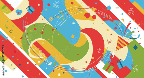 A vibrant abstract composition with colorful shapes and celebratory elements