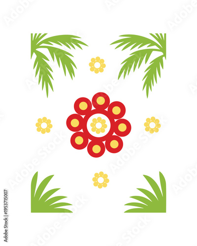 Abstract symmetric floral mandala with green tropical leaves vector illustration