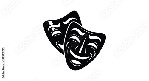 A striking black silhouette depicts traditional comedy and tragedy masks conveying duality and theatrical expression silhouette high quality professional detailed modern