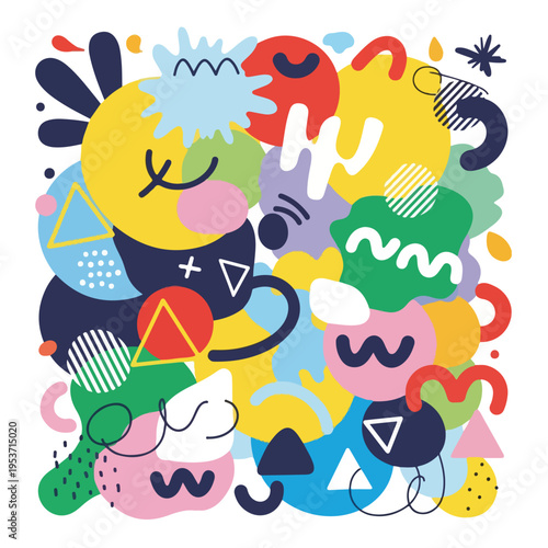 A vibrant abstract composition with colorful shapes and playful forms