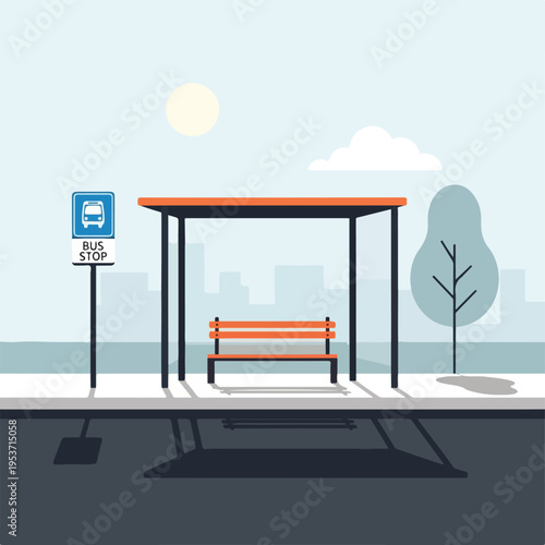 A stylized illustration depicting a bus stop in a wintery urban setting