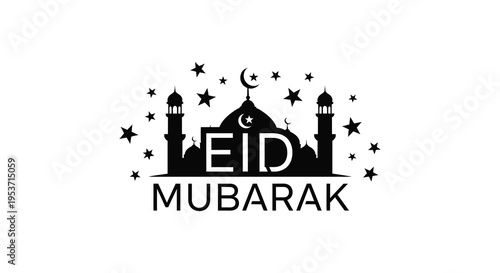 A festive eid mubarak greeting featuring a mosque and crescent moon rendered in a striking black silhouette high quality professional detailed