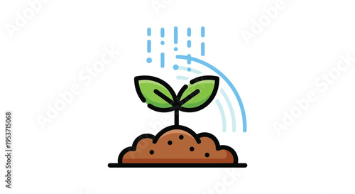A stylized illustration depicts a sprouting plant receiving water showcasing growth and nature in a flat silhouette high quality professional detailed