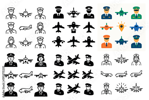 Aviation icons with pilot airplane flat minimal