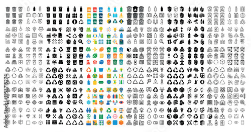 Environment icons with recycle bottle leaf minimal