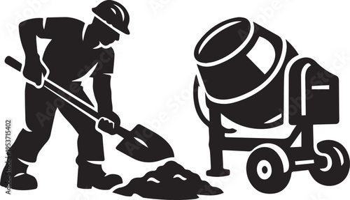 Silhouette of a construction worker using a shovel to mix concrete near a portable machine Vector, illustration