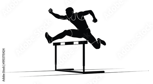 A dynamic black silhouette of an athlete leaping over a hurdle during a track and field event silhouette high quality professional