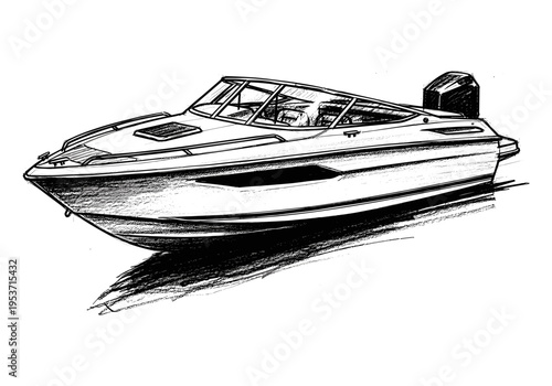 Sketch of a modern speed boat with an outboard motor and sleek design on a white background