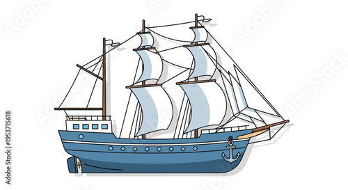 A charming cartoon illustration depicts a detailed sailing ship with multiple masts and a distinctive silhouette high quality professional modern elegant