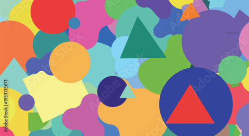 A vibrant abstract composition with various shapes and bright colors