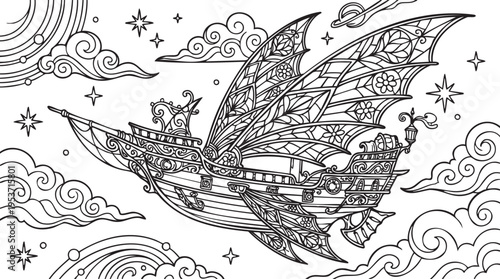 Intricate fantasy airship with ornate wings, soaring through whimsical clouds and stars. Detailed line art illustration perfect for coloring
