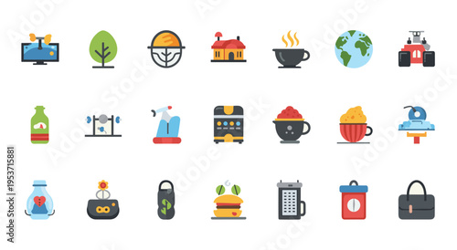 Collection of flat design icons representing various concepts on white background
