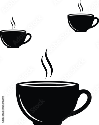 Steaming Coffee Cups Silhouette Black and White Art