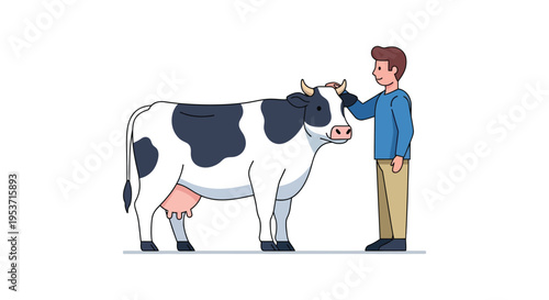 A young man gently touches the head of a black and white cow in a peaceful rural scene silhouette high quality