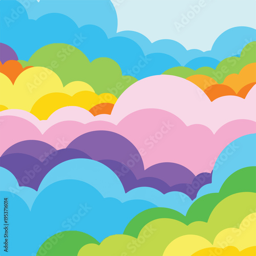 A vibrant abstract design of colorful, stylized clouds filling the frame