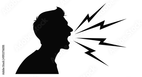 A striking black silhouette of a man yelling with dynamic jagged lines emanating from his mouth silhouette high quality professional detailed