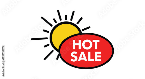 A vibrant image displaying a sun with radiating lines and a bold hot sale message silhouette high quality professional detailed modern