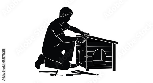A man is kneeling and constructing a wooden dog house using tools on a white background silhouette high quality professional detailed